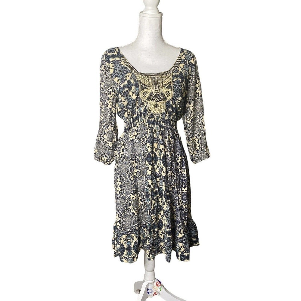 Style & Co Midi Dress Floral Blue Black Women Sz S 3/4 Sleeve Ruffle Square Neck